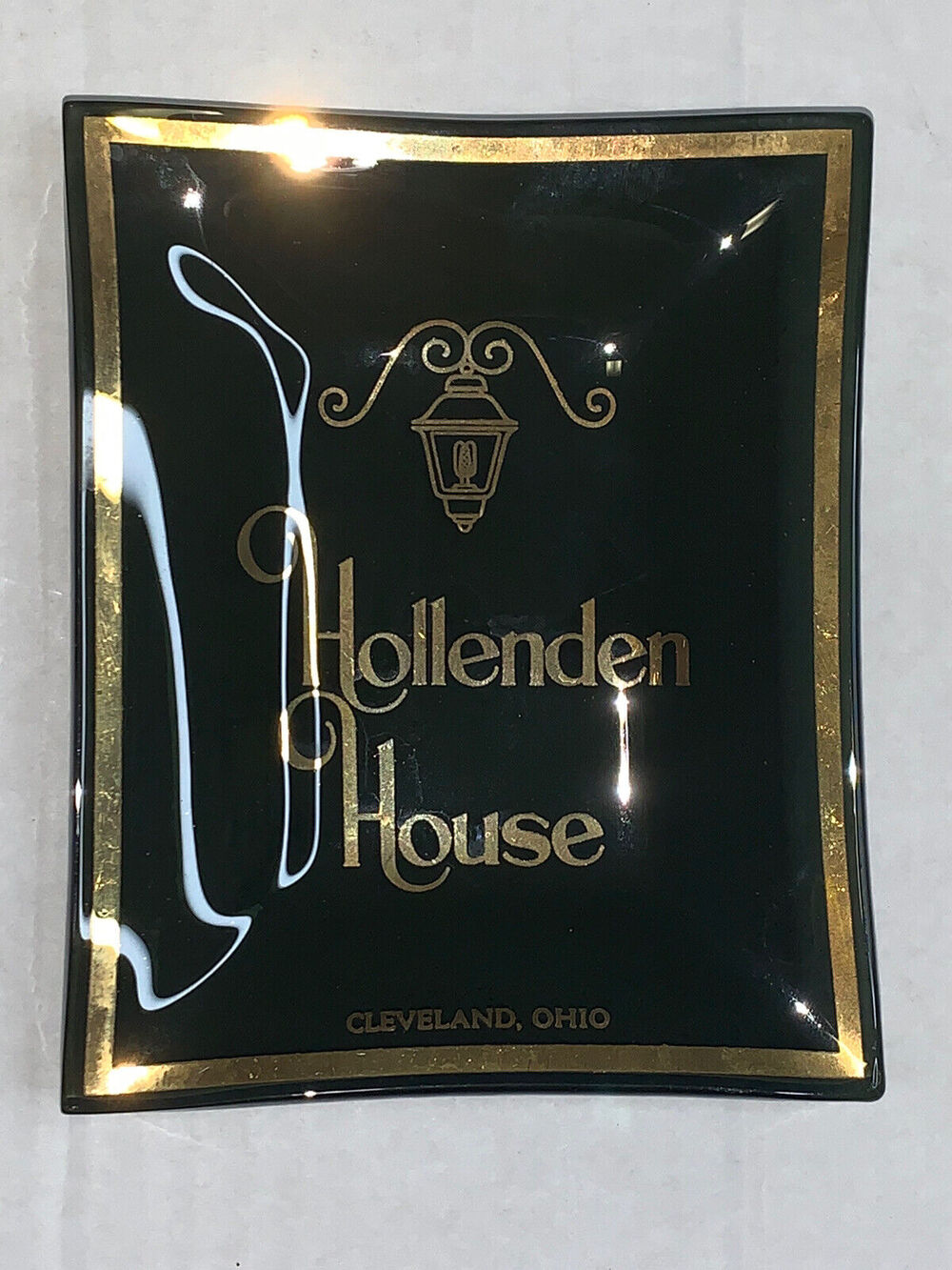 Vtg Hollenden House Black Glass Ashtray Cleveland Ohio Advertising Gold Trim EUC